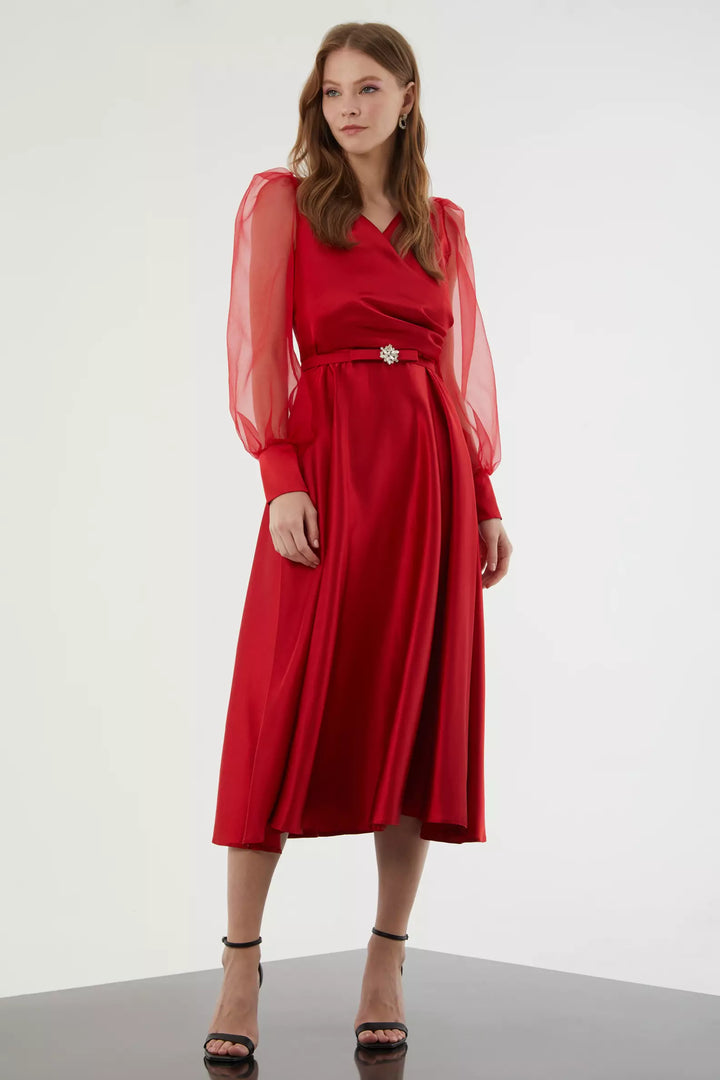 FRV Red satin long sleeve midi dress - Rexburg