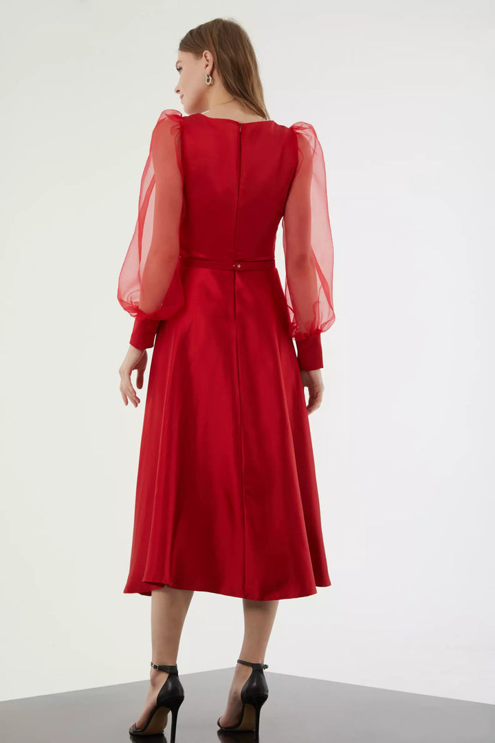 FRV Red satin long sleeve midi dress - Rexburg