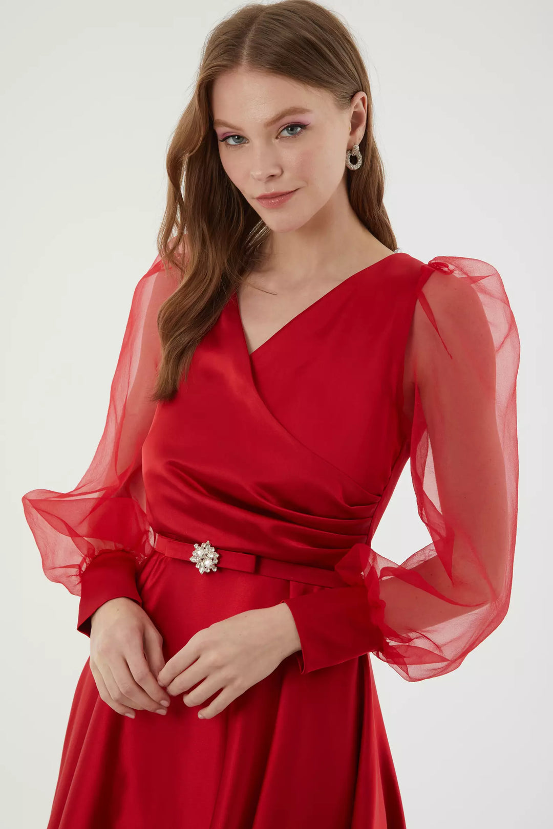 FRV Red satin long sleeve midi dress - Rexburg