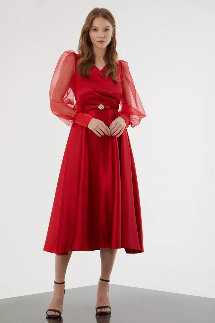 FRV Red satin long sleeve midi dress - Rexburg