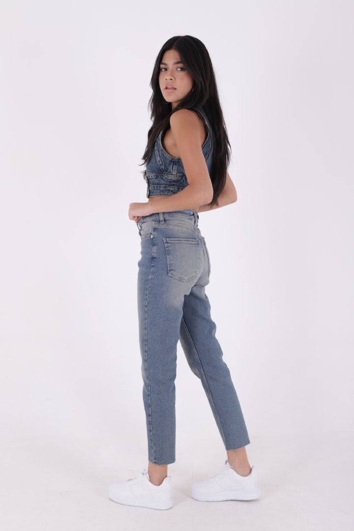 XLJ Fringe Ending High Waisted Mom Fit Jean Mixed - El Plan