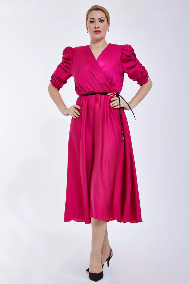 FRV Fuchsia plus size satin long sleeve midi dress - Lafayette