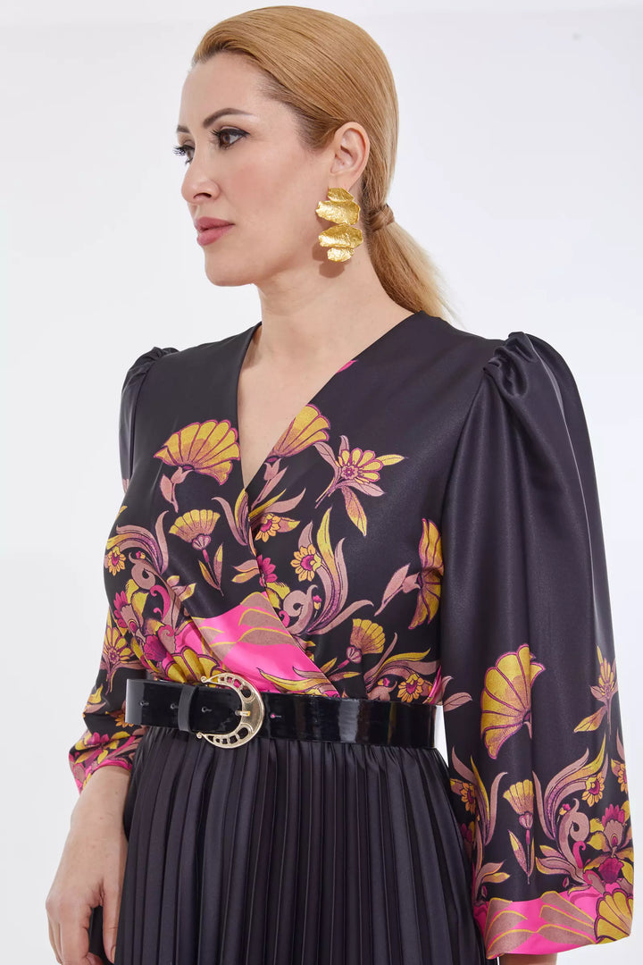 FRV Printed plus size satin long sleeve midi dress - Rotterdam