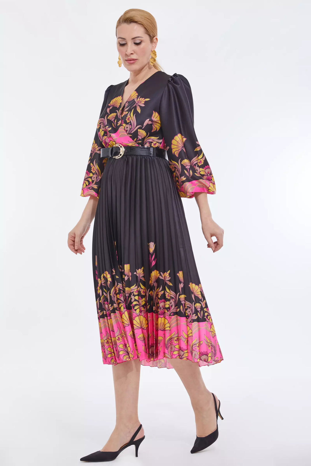 FRV Printed plus size satin long sleeve midi dress - Rotterdam