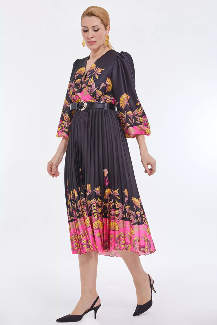 FRV Printed plus size satin long sleeve midi dress - Rotterdam