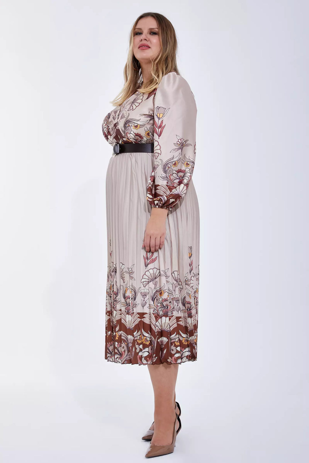 FRV Printed plus size satin long sleeve midi dress - Annemasse