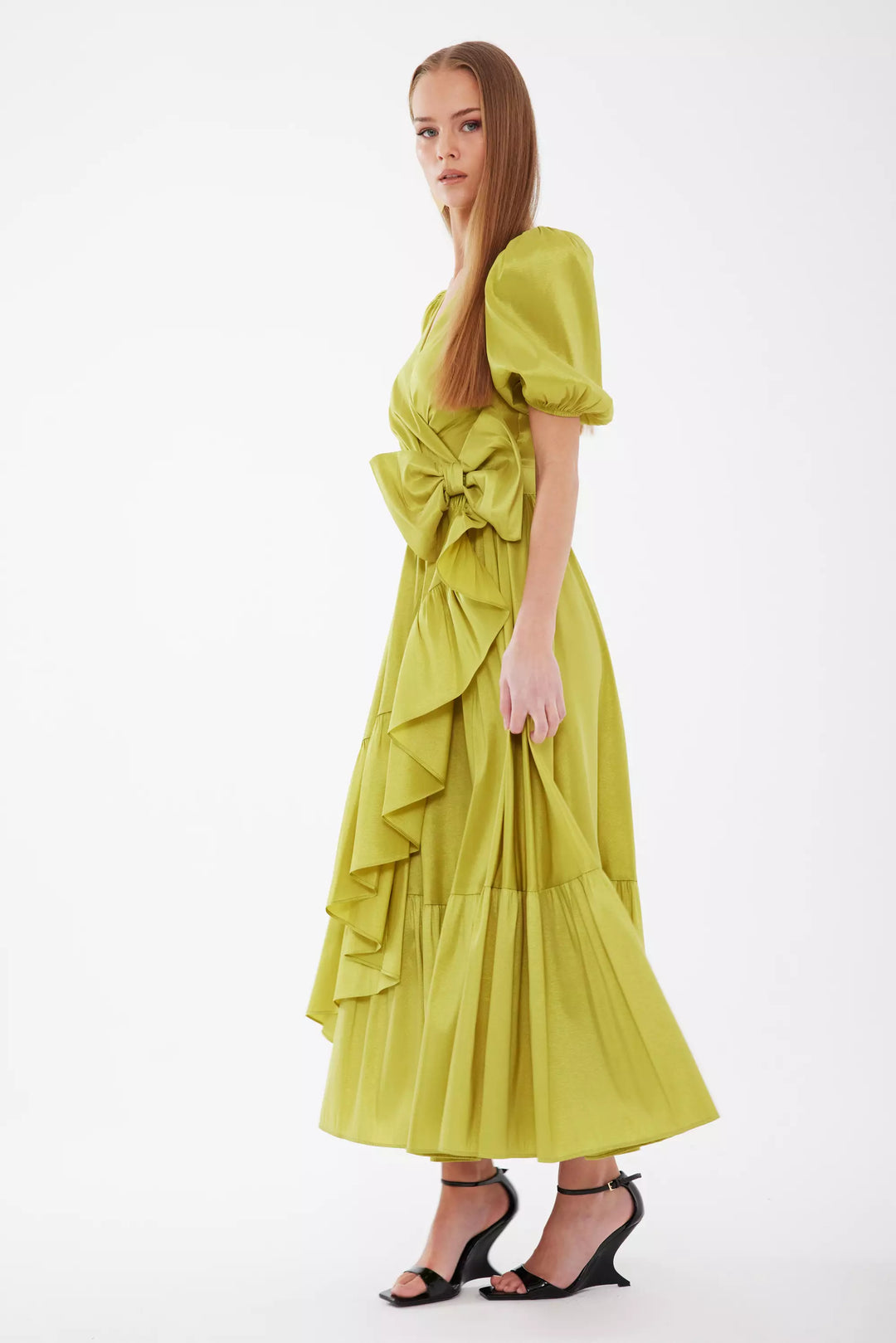 FRV Peanut green tafta sleeveless midi dress - Woking