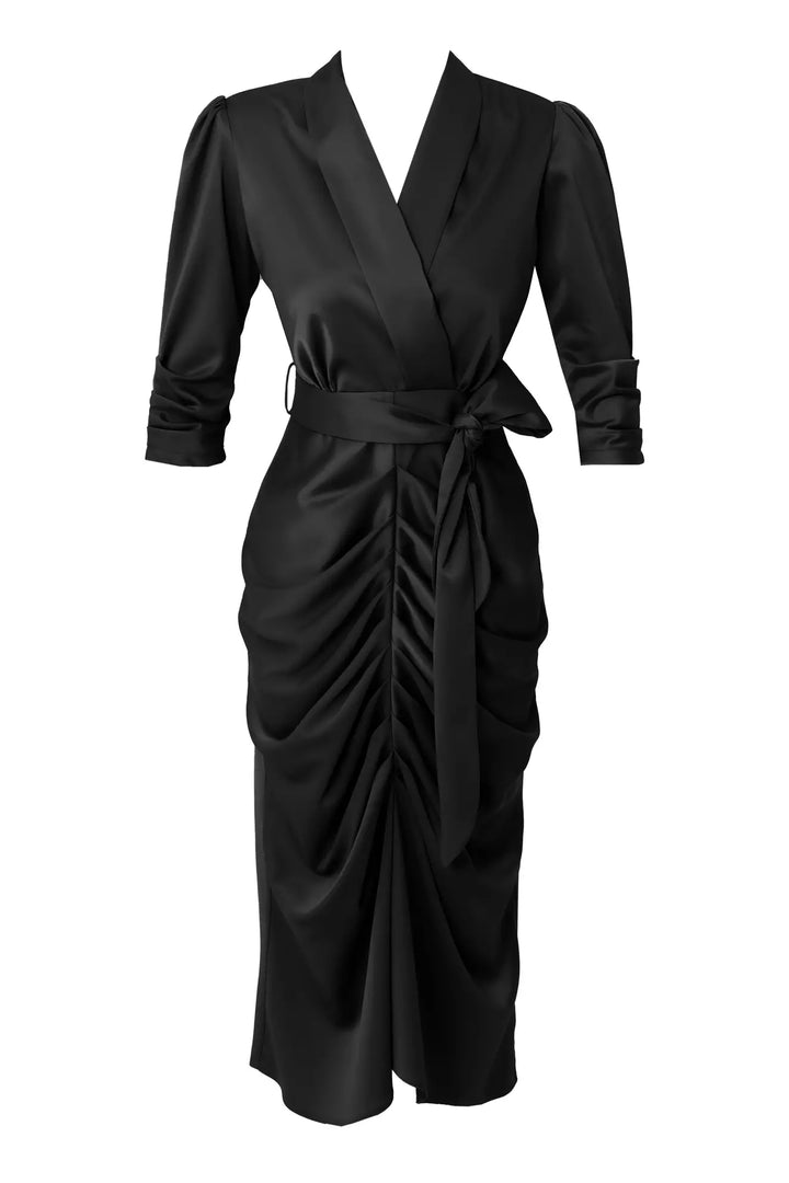 FRV Black satin 3/4 sleeve midi dress - Peine
