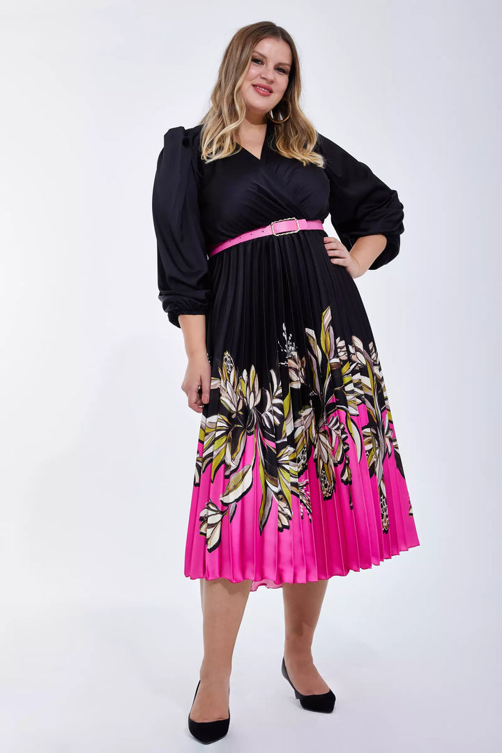 FRV Printed plus size satin long sleeve midi dress - Tultepec