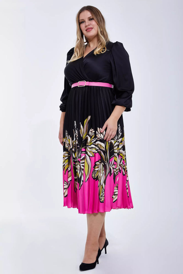 FRV Printed plus size satin long sleeve midi dress - Tultepec