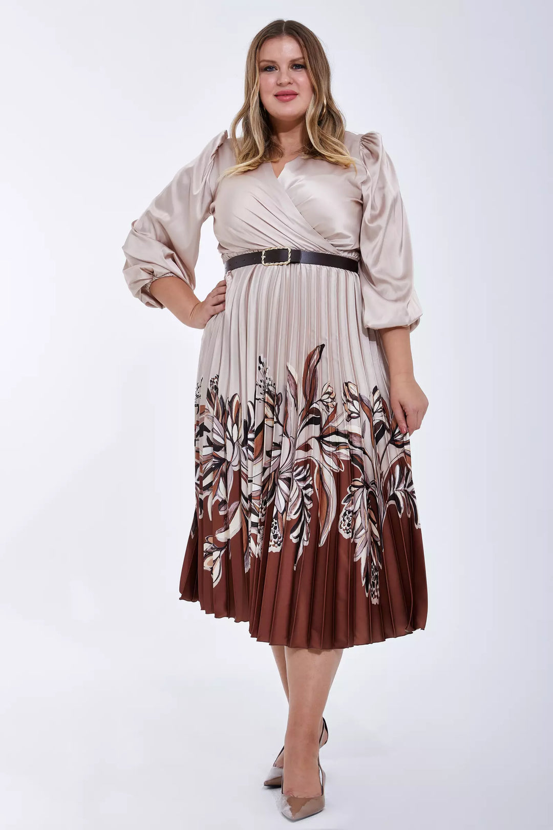 FRV Printed plus size satin long sleeve midi dress - Angoulême