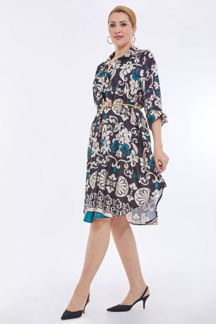 FRV Printed plus size satin long sleeve midi dress - Deventer
