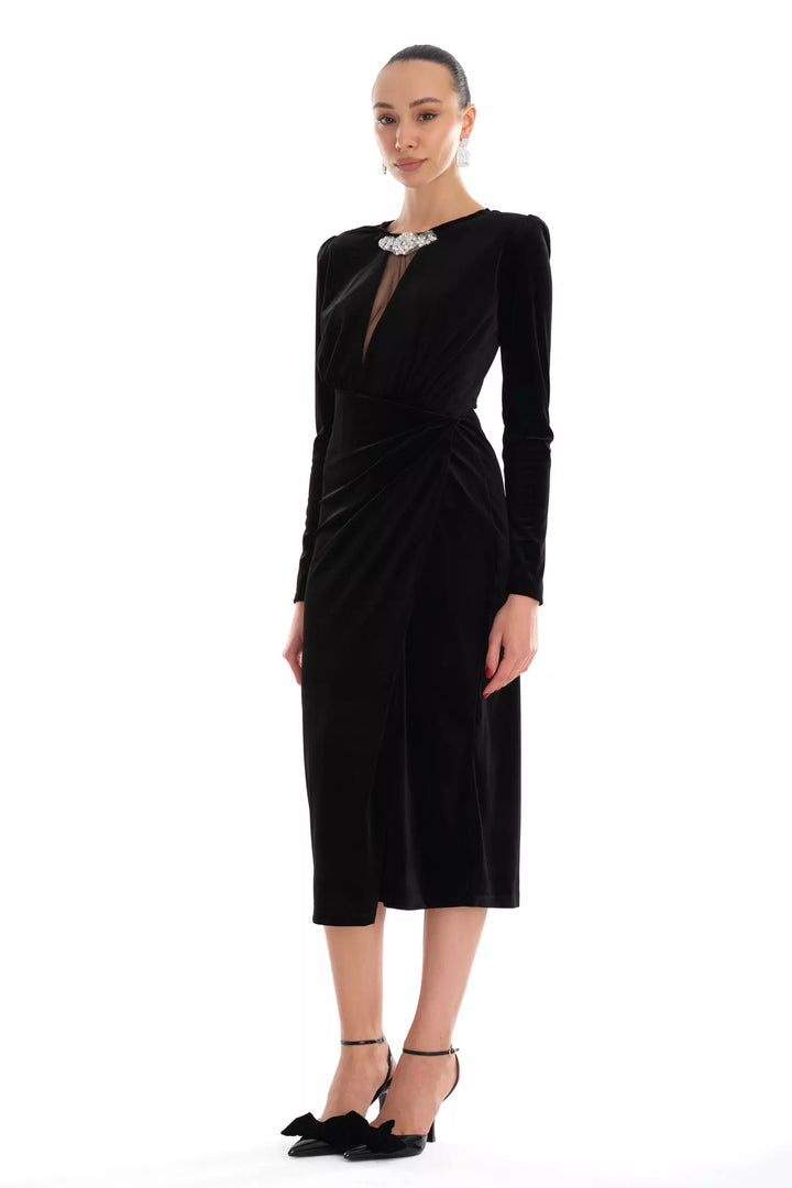 FRV Black velvet long sleeve midi dress - Lynwood