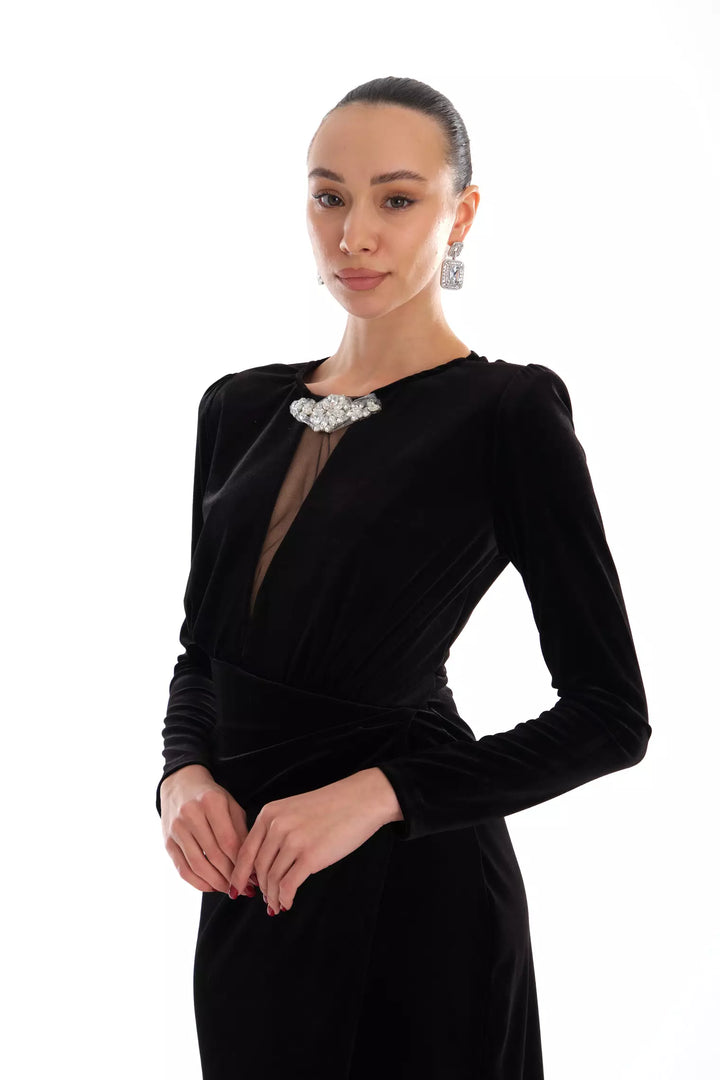 FRV Black velvet long sleeve midi dress - Lynwood