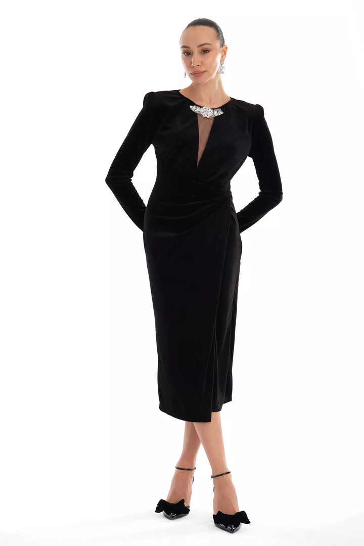 FRV Black velvet long sleeve midi dress - Lynwood