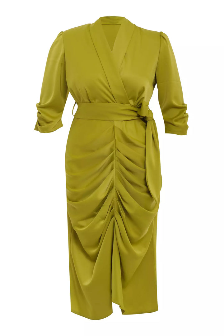 FRV Peanut green plus size satin 3/4 sleeve midi dress - Lárisa