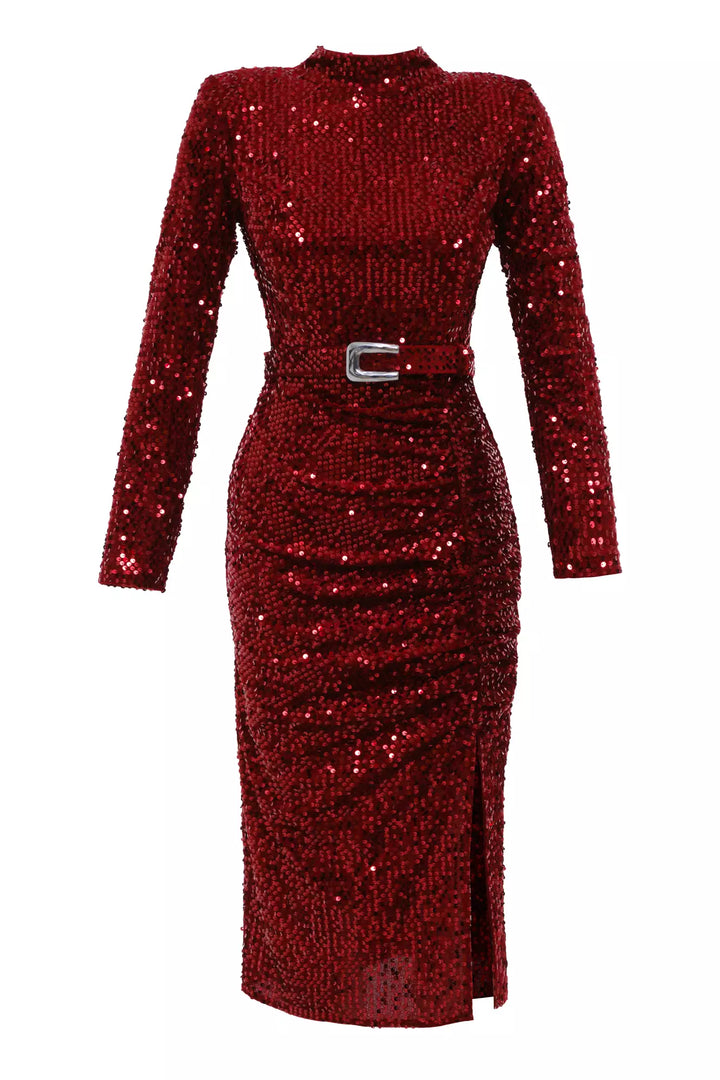 FRV Red velvet long sleeve midi dress - Ipswich