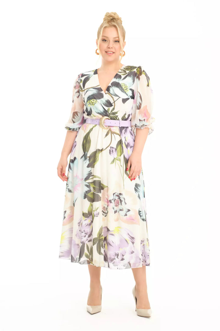 FRV Printed plus size chiffon 3/4 sleeve midi dress - Colchester