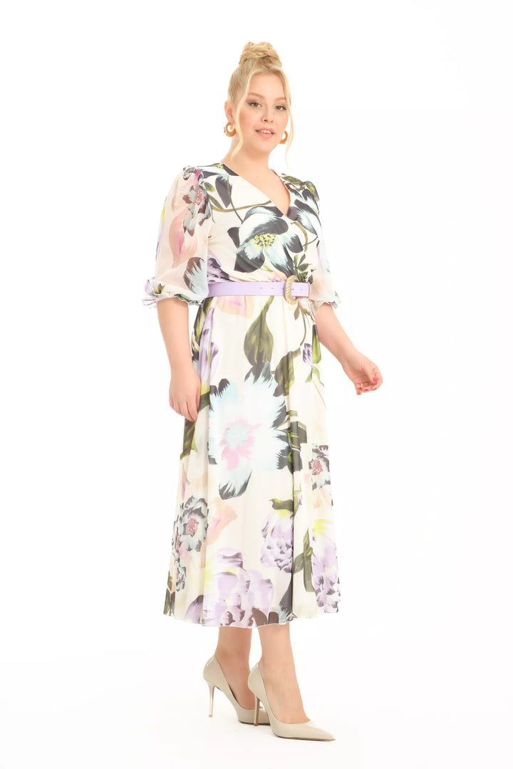FRV Printed plus size chiffon 3/4 sleeve midi dress - Colchester