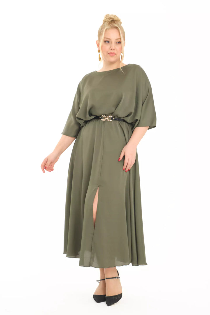 FRV Khaki plus size satin short sleeve midi dress - Burke