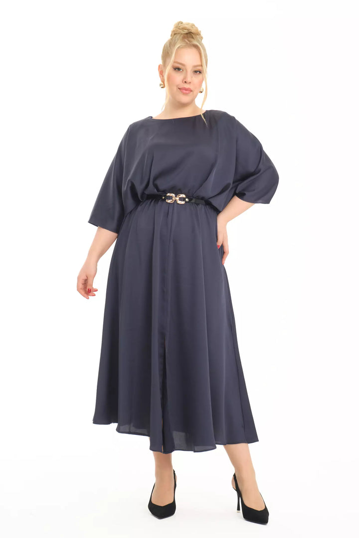 FRV Navy blue plus size satin short sleeve midi dress - Ancona