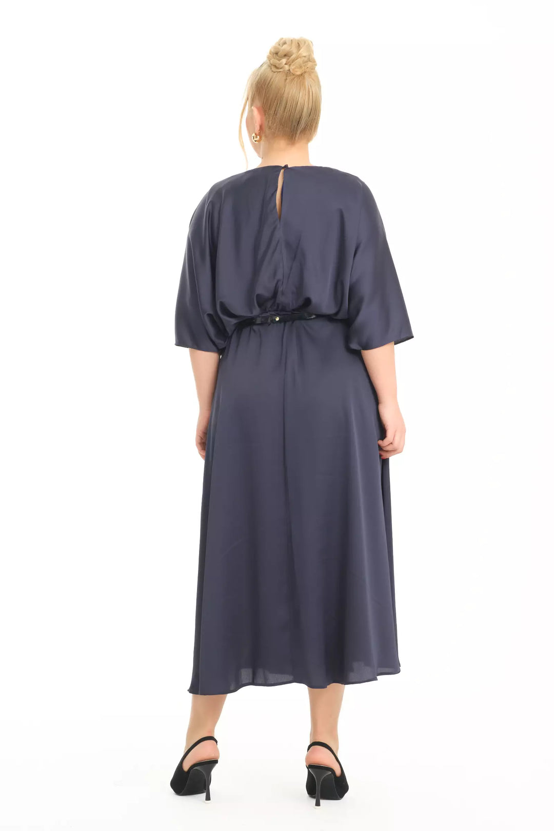 FRV Navy blue plus size satin short sleeve midi dress - Ancona