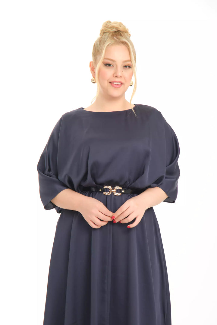 FRV Navy blue plus size satin short sleeve midi dress - Ancona