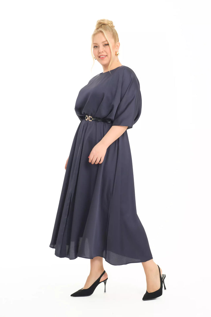 FRV Navy blue plus size satin short sleeve midi dress - Ancona
