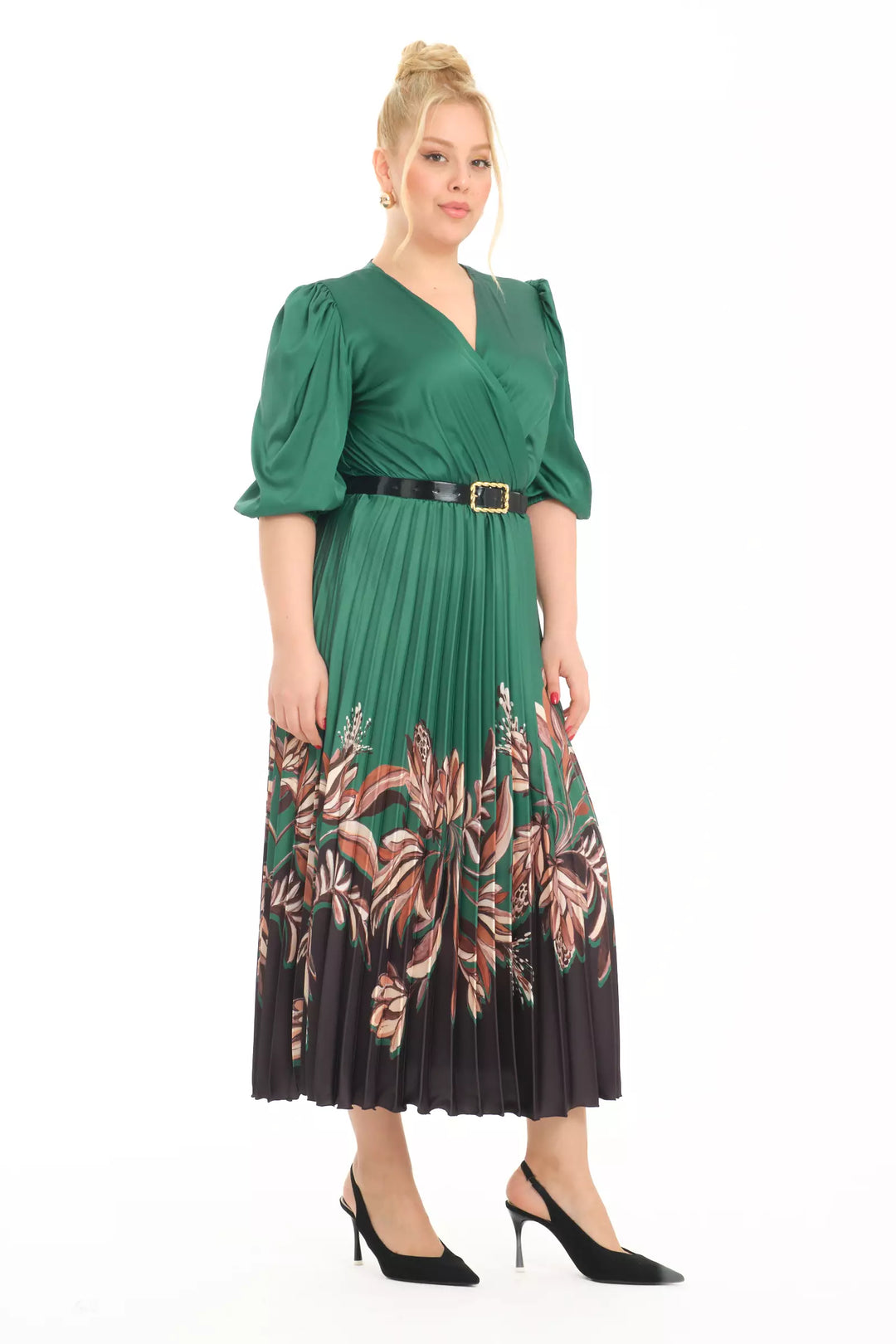 FRV Printed plus size satin long sleeve midi dress - Palm Coast