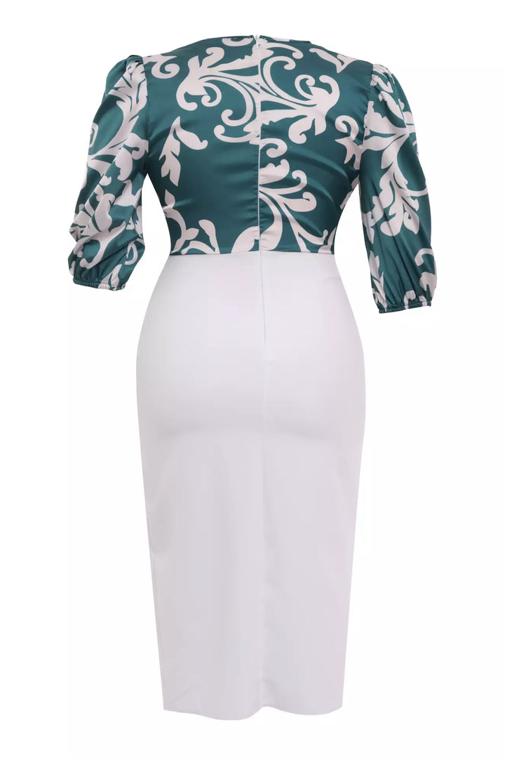 FRV Printed plus size satin 3/4 sleeve midi dress - Bethesda