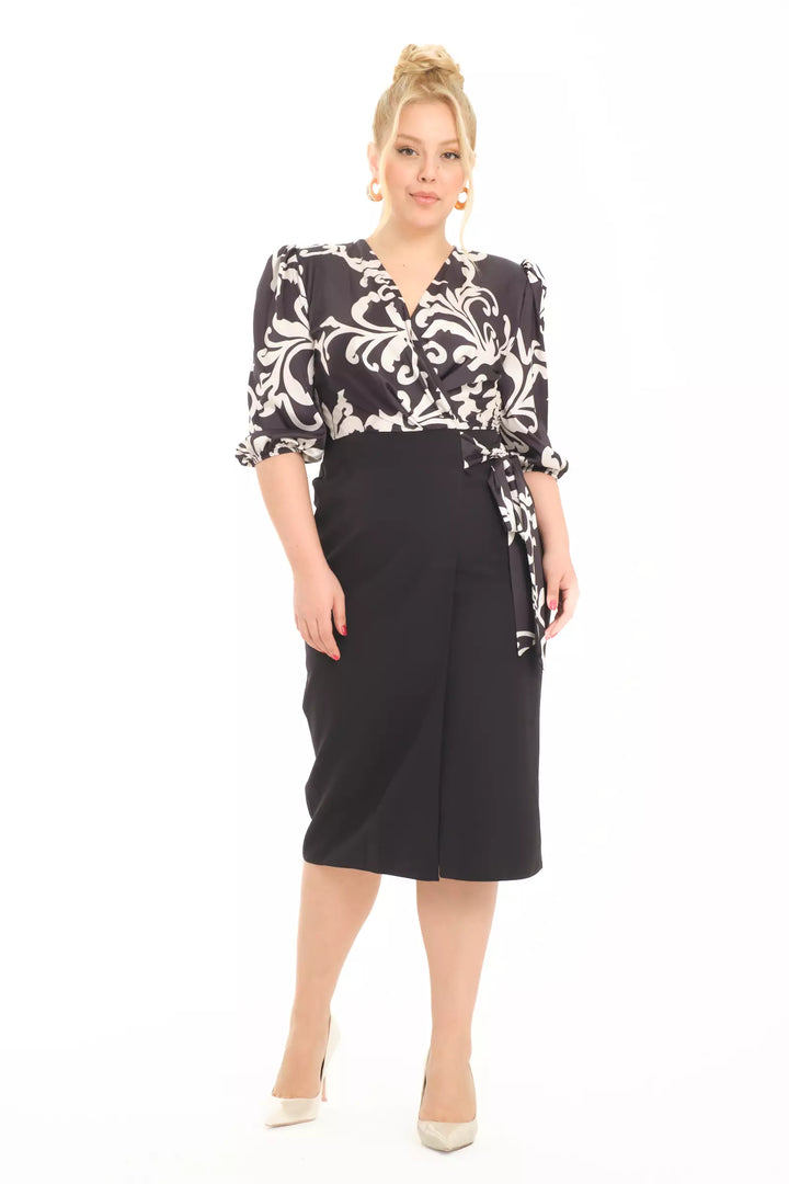 FRV Printed plus size satin 3/4 sleeve midi dress - Centennial
