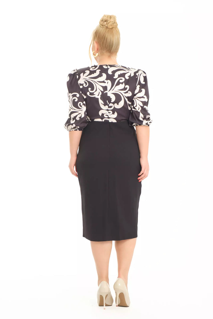 FRV Printed plus size satin 3/4 sleeve midi dress - Centennial