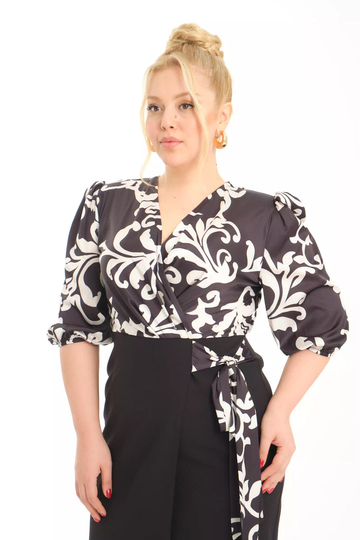 FRV Printed plus size satin 3/4 sleeve midi dress - Centennial