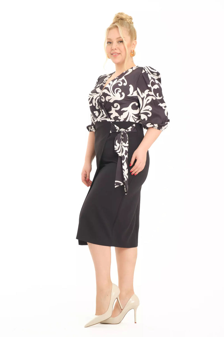 FRV Printed plus size satin 3/4 sleeve midi dress - Centennial