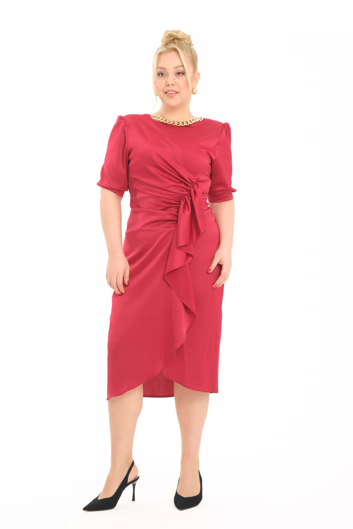 FRV Maroon plus size satin 3/4 sleeve midi dress - Ixtapaluca