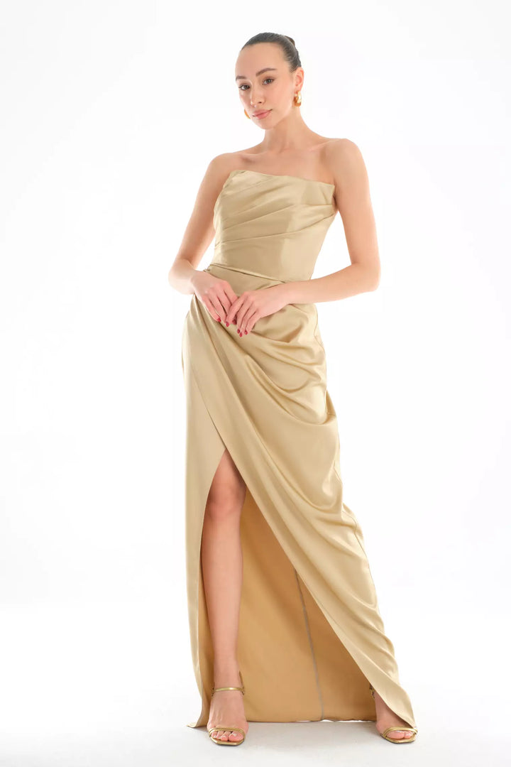 FRV Beige satin strapless maxi dress - Coyuca de Catalán