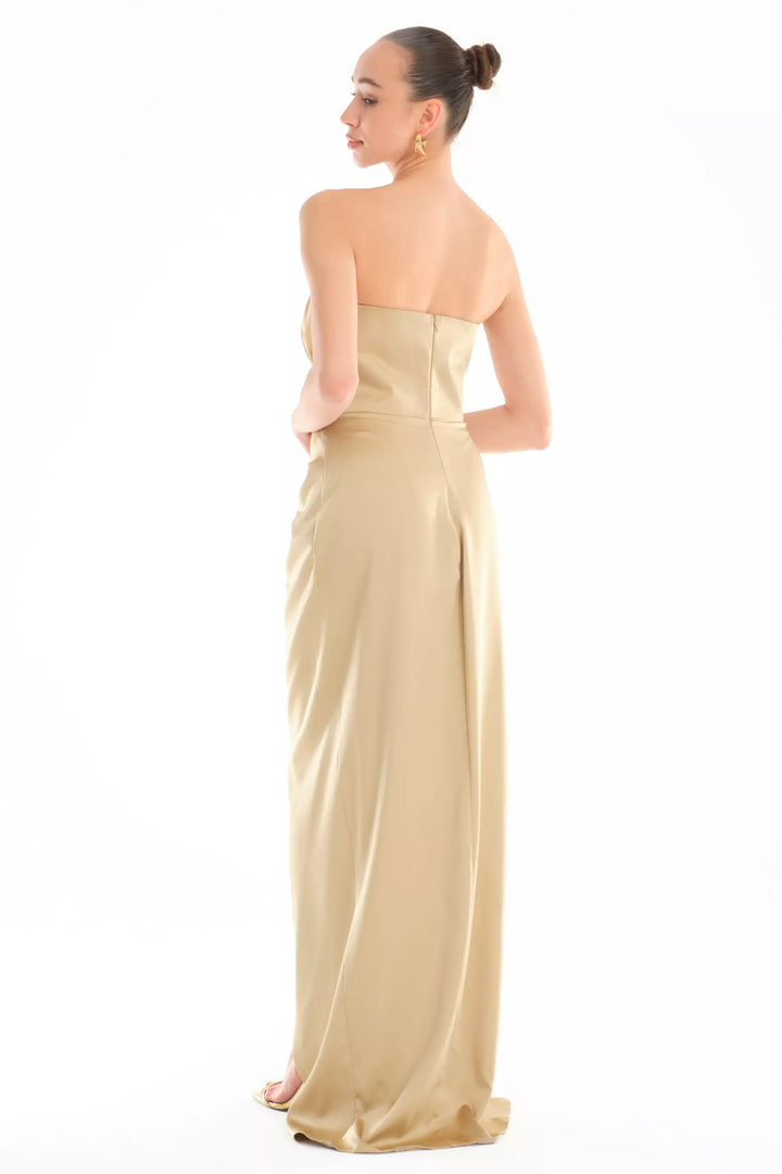 FRV Beige satin strapless maxi dress - Coyuca de Catalán