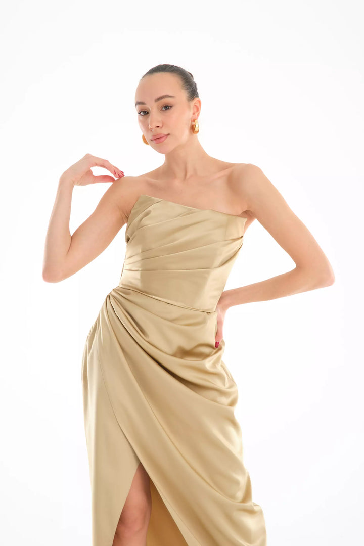 FRV Beige satin strapless maxi dress - Coyuca de Catalán