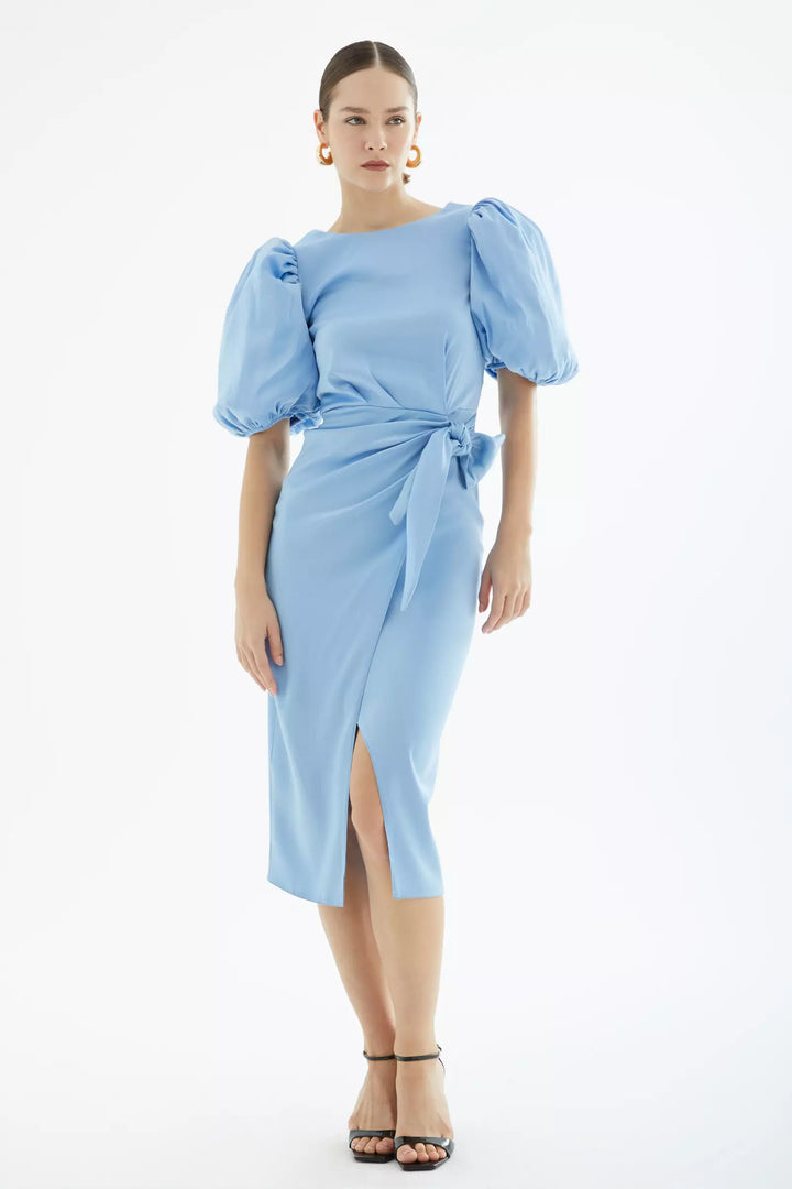 FRV Blue satin short sleeve midi dress - Issy-les-Moulineaux