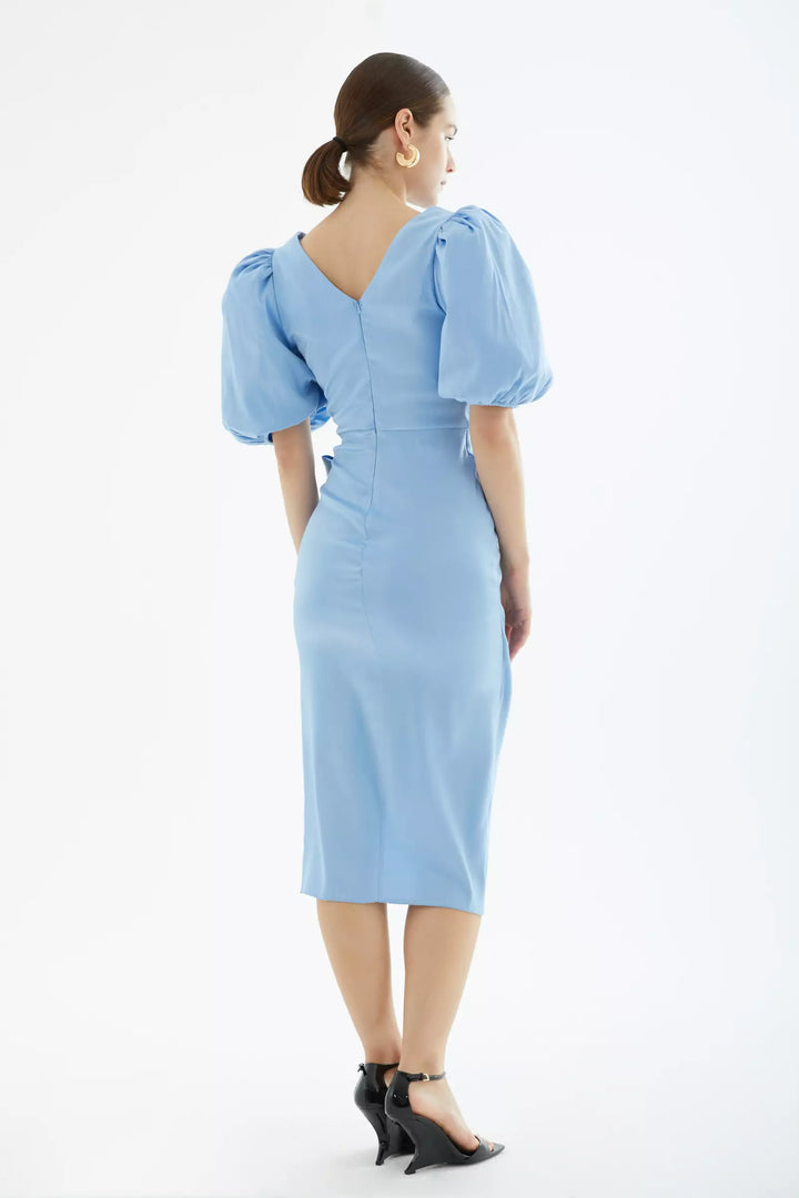 FRV Blue satin short sleeve midi dress - Issy-les-Moulineaux