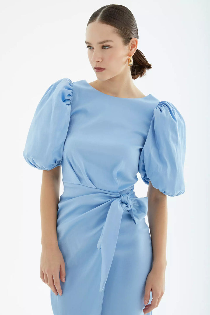 FRV Blue satin short sleeve midi dress - Issy-les-Moulineaux