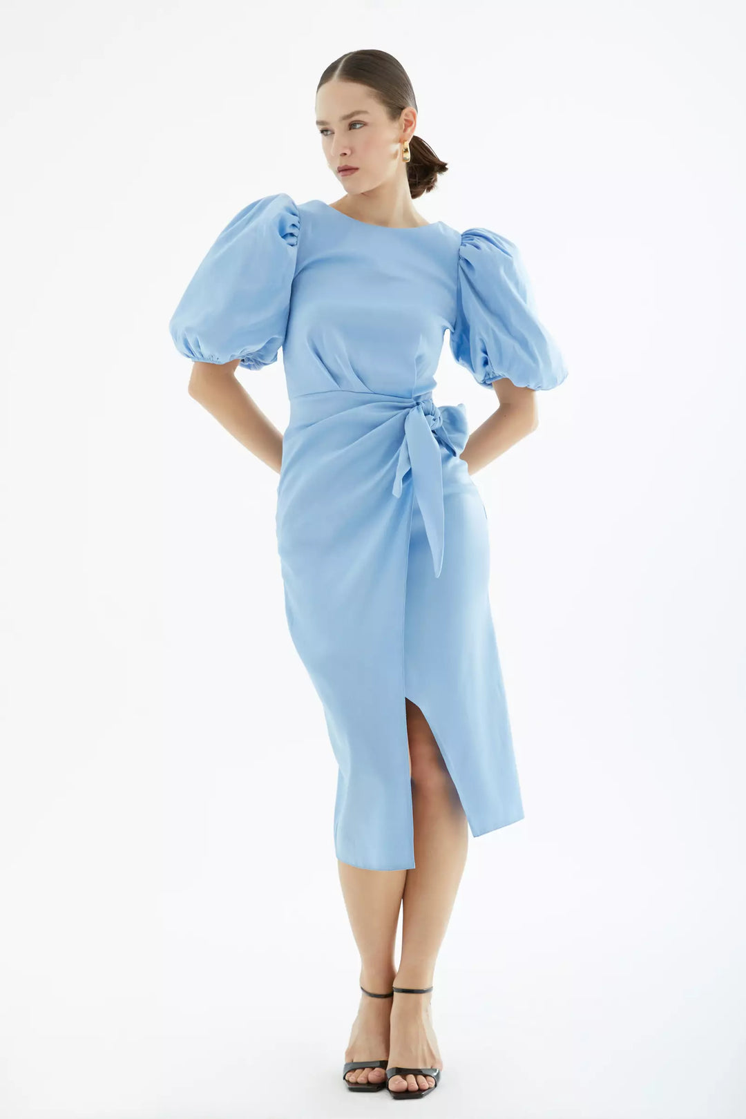 FRV Blue satin short sleeve midi dress - Issy-les-Moulineaux