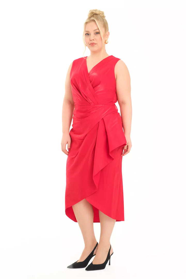 FRV Red plus size satin sleeveless midi dress - Hempstead
