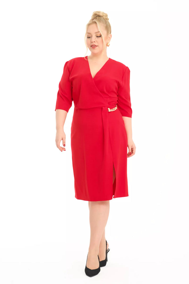 FRV Red plus size crepe short sleeve mini dress - Pen-y-Bont ar Ogwr