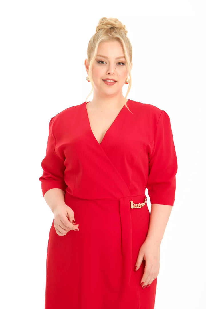 FRV Red plus size crepe short sleeve mini dress - Pen-y-Bont ar Ogwr