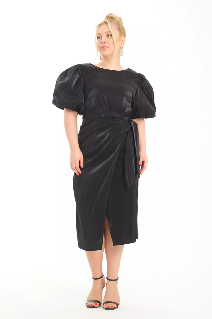 FRV Black plus size satin short sleeve midi dress - Walnut Creek