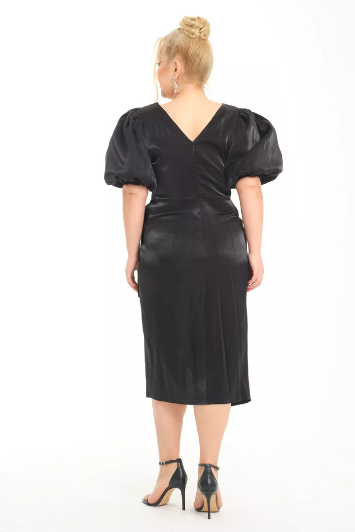 FRV Black plus size satin short sleeve midi dress - Walnut Creek