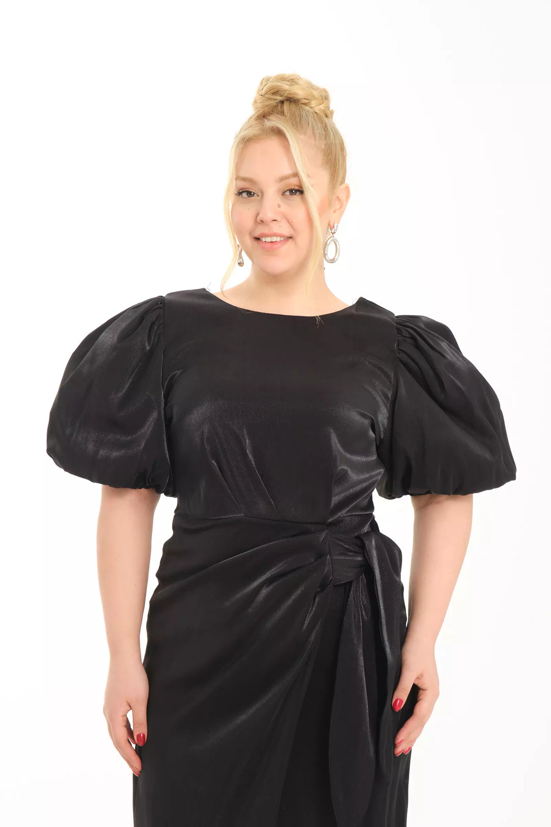 FRV Black plus size satin short sleeve midi dress - Walnut Creek