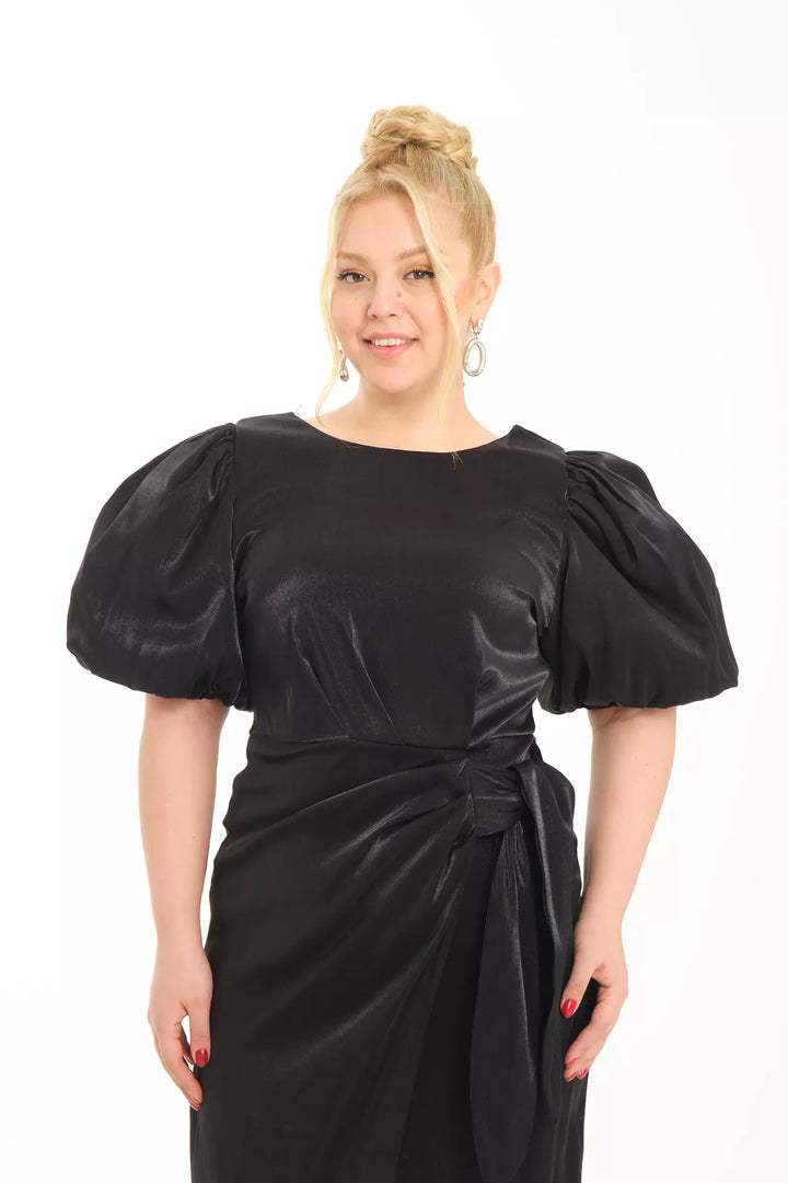 FRV Black plus size satin short sleeve midi dress - Walnut Creek