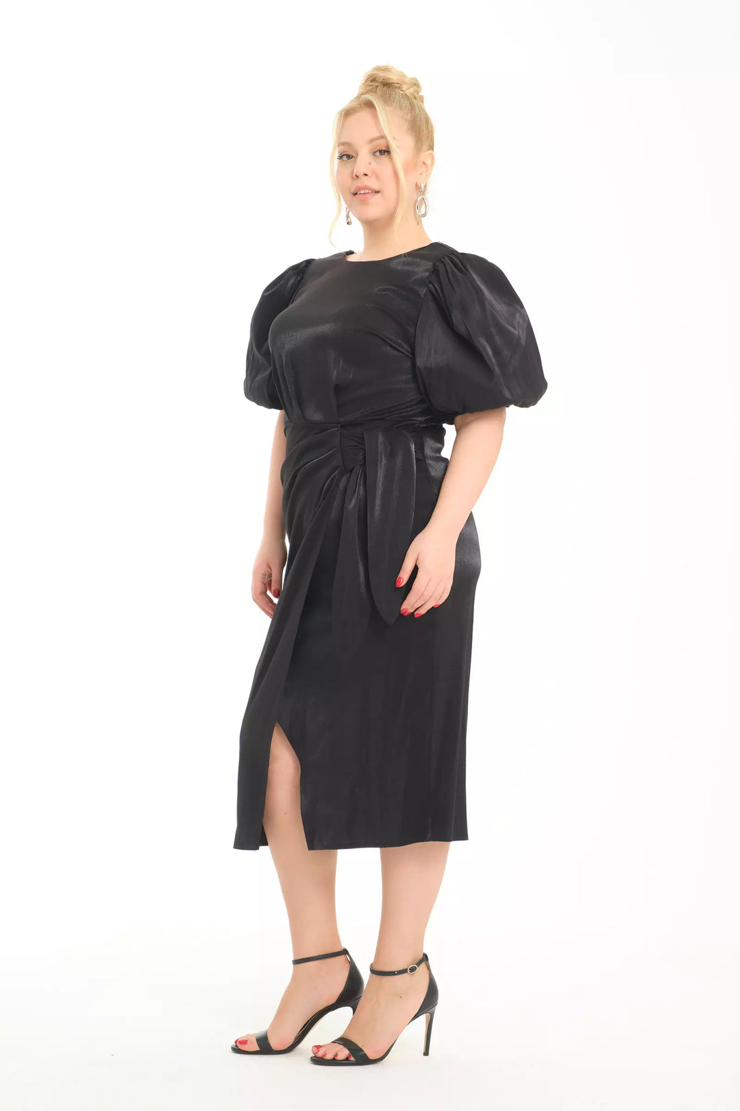 FRV Black plus size satin short sleeve midi dress - Walnut Creek